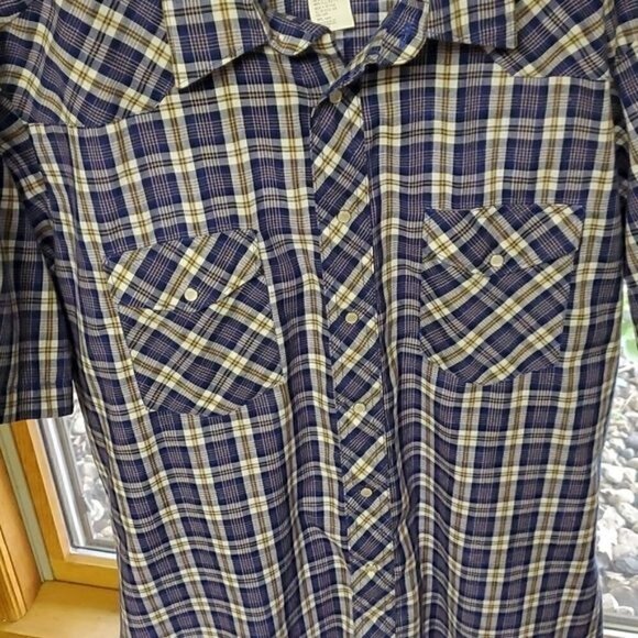 Wrangler Western Wear Sz. L Blue Plaid Pearl Snap SS Casual Button Down Shirt - Picture 5 of 14